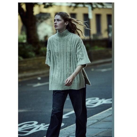 Zara Oversized Cable Knit Half Sleeve Sage Mock Neck Sweater Women's Large - Picture 1 of 11
